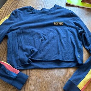 Vans Navy Blue Cropped Long Sleeve Top with Yellow & Red Stripes